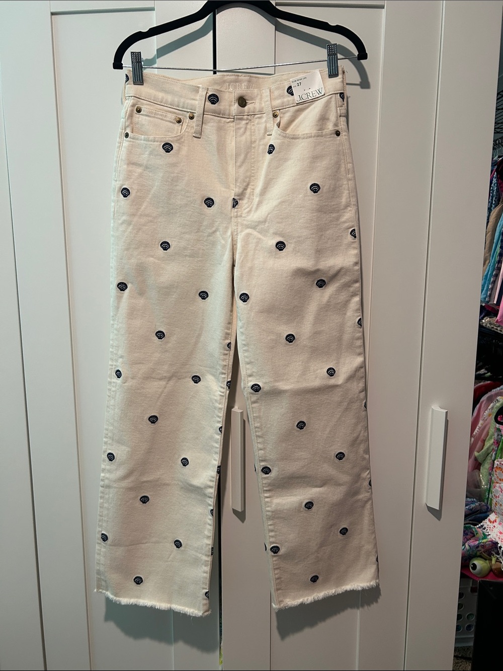 J. Crew Slim Wide-leg Jeans with Navy Seashells Embroidery